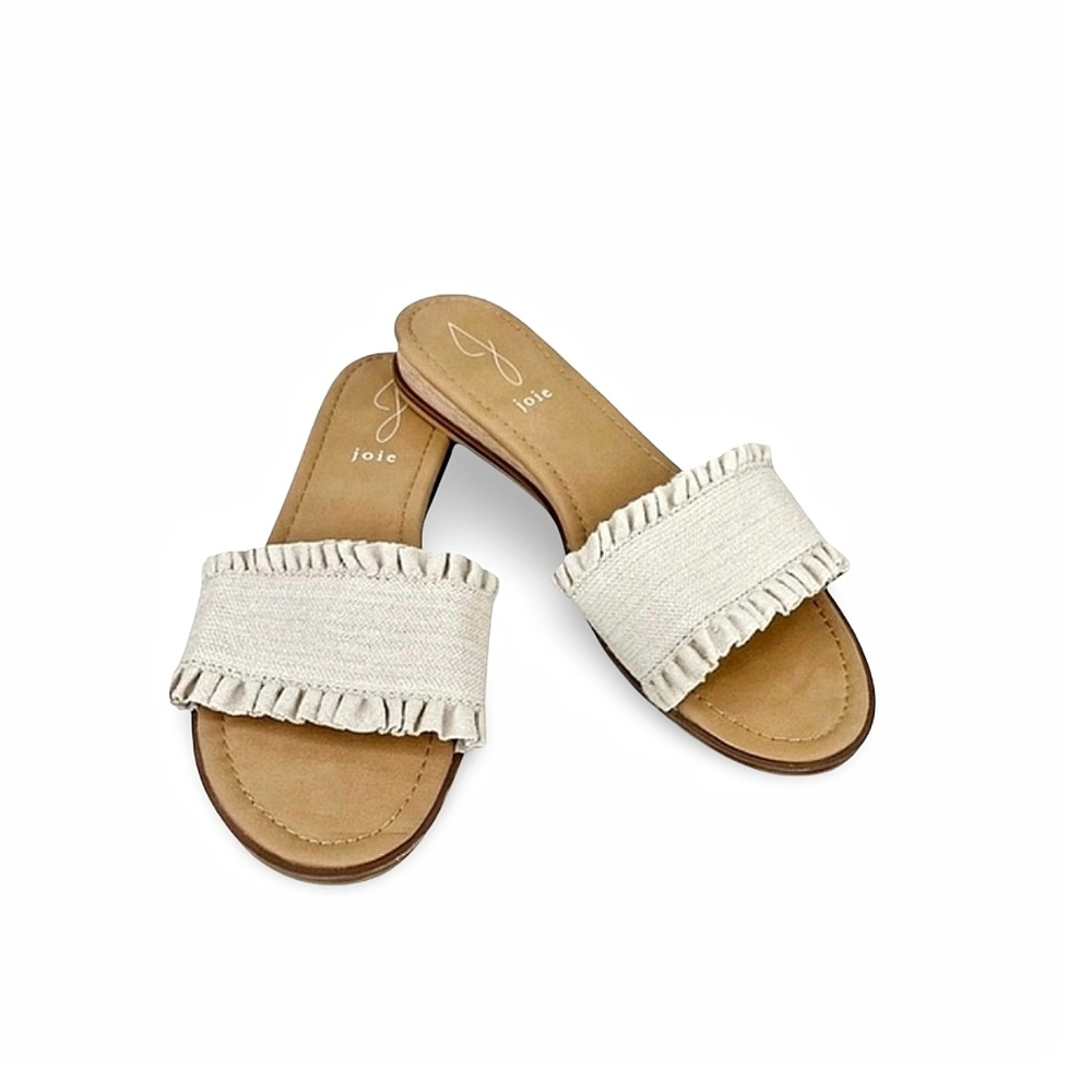 Joie Eidel Ruffled Fabric Slide Sandals Flats Cream Beige Women's Size 8